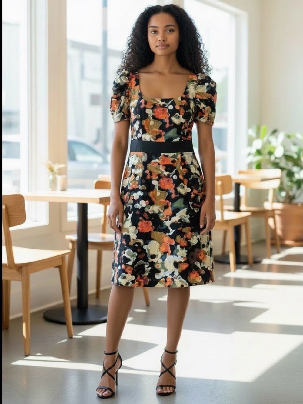 Anthropologie Black Floral Midi Dress with Puff Sleeves